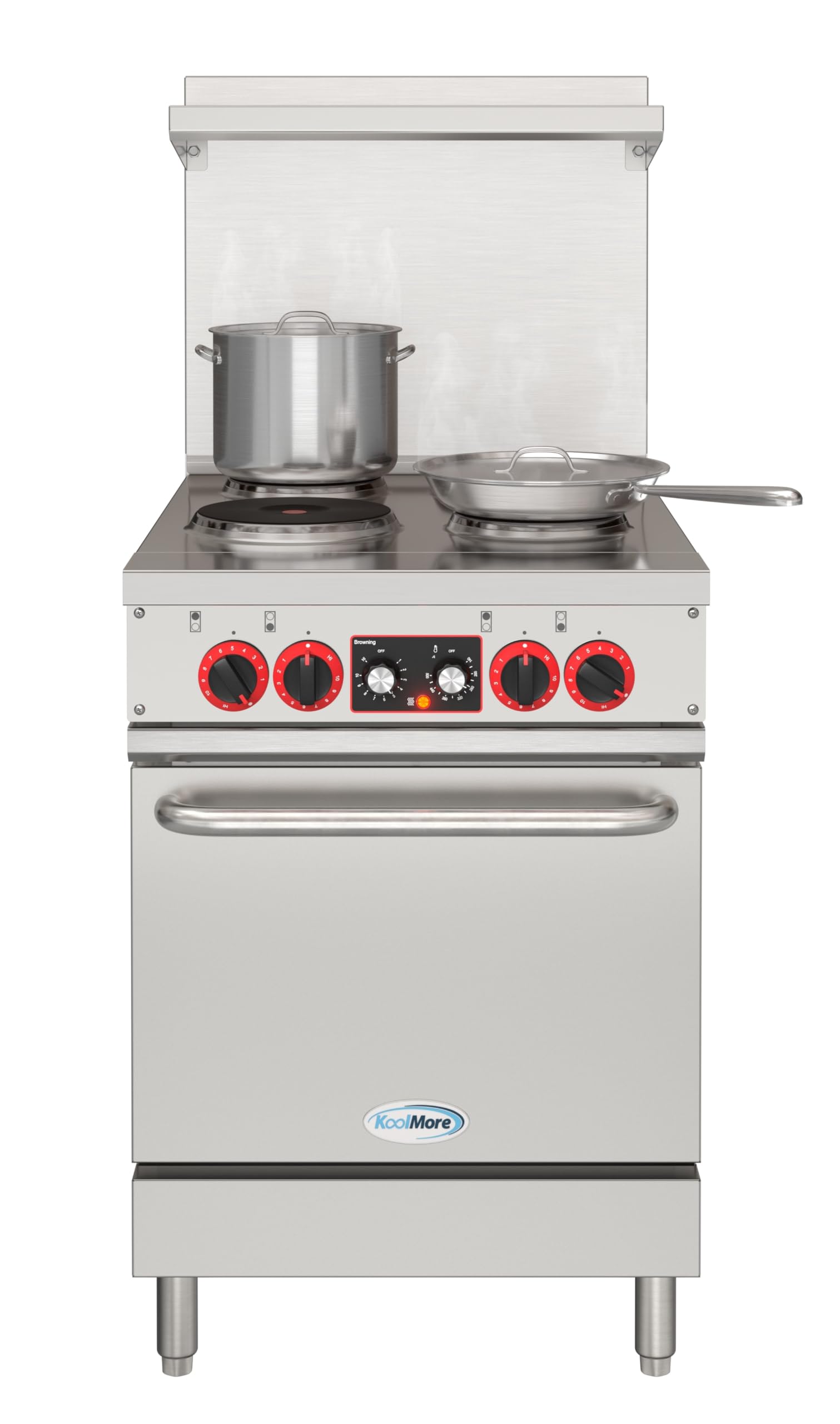 KoolMore 24 in. Commercial Electric Range with 4 Burners and 1 Standard Electric Oven in Stainless Steel - 208V 3-Phase, CSA Lis