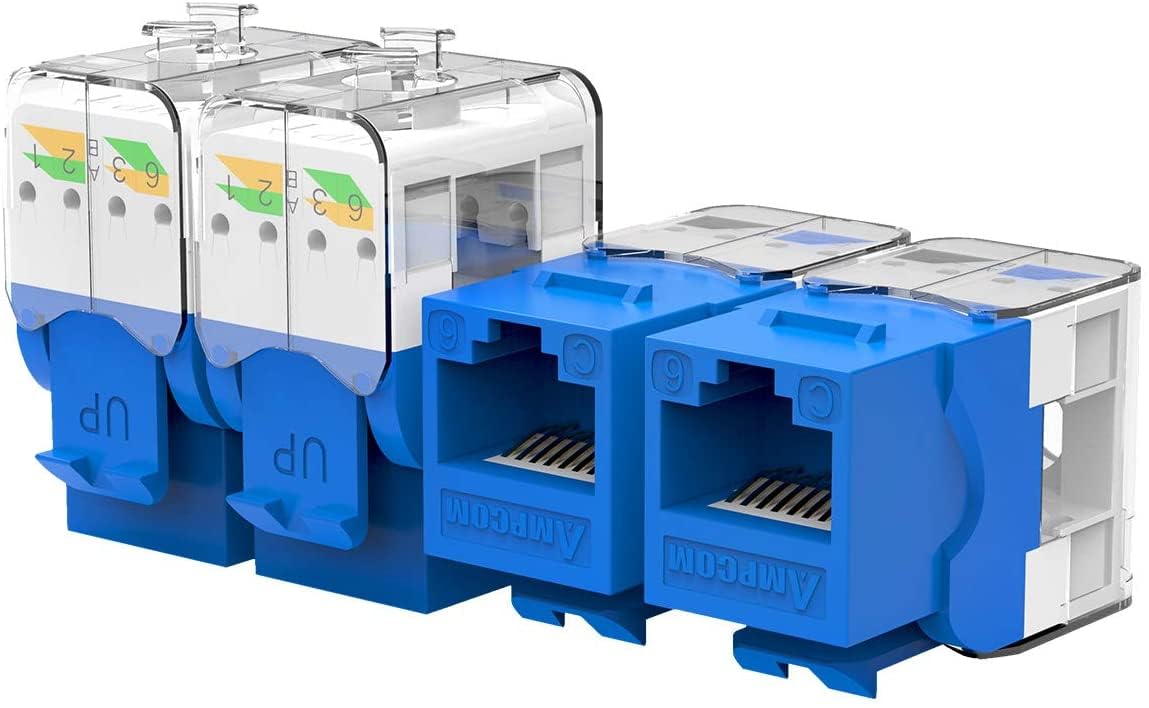 Ampcom Cat6 Keystone Jack Tool Less Rj45 Utp, No Punch Down Tool Required Module Coupler  12 Pack Blue