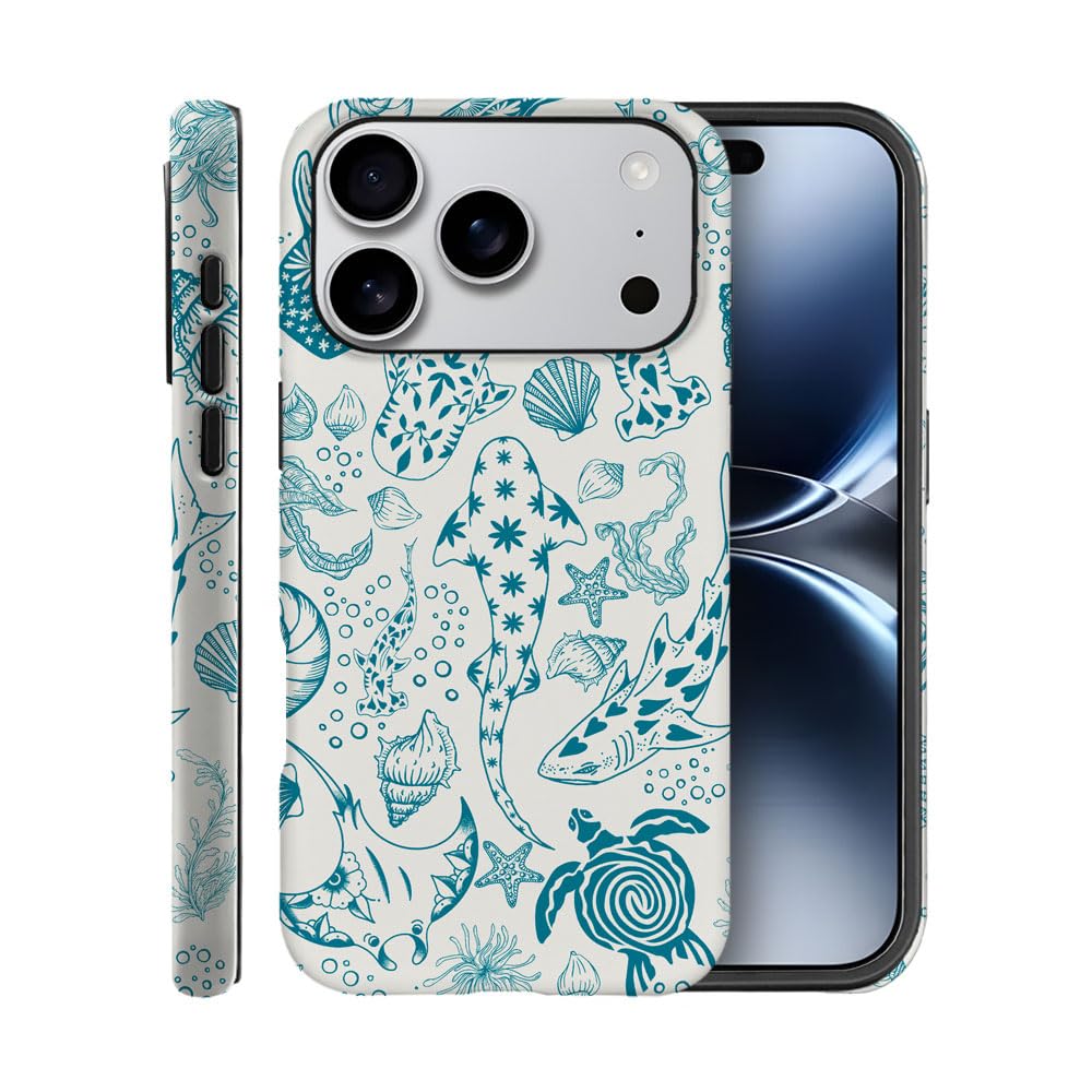 Case for iPhone 17 Pro,Fits Frosted Case Design for Girl Women,Sharks Turtles Shells Seaweed Green