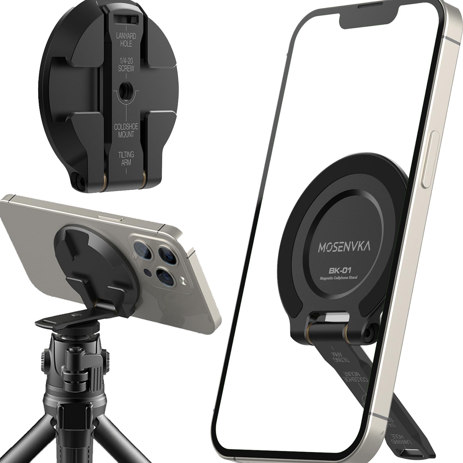 Mosenvka Magnetic Phone Stand,Thin Tripod Mount,Cell Phone Grip For Iphone 16/15/14/13/12,Foldable Desk Holder Kickstand With 1/