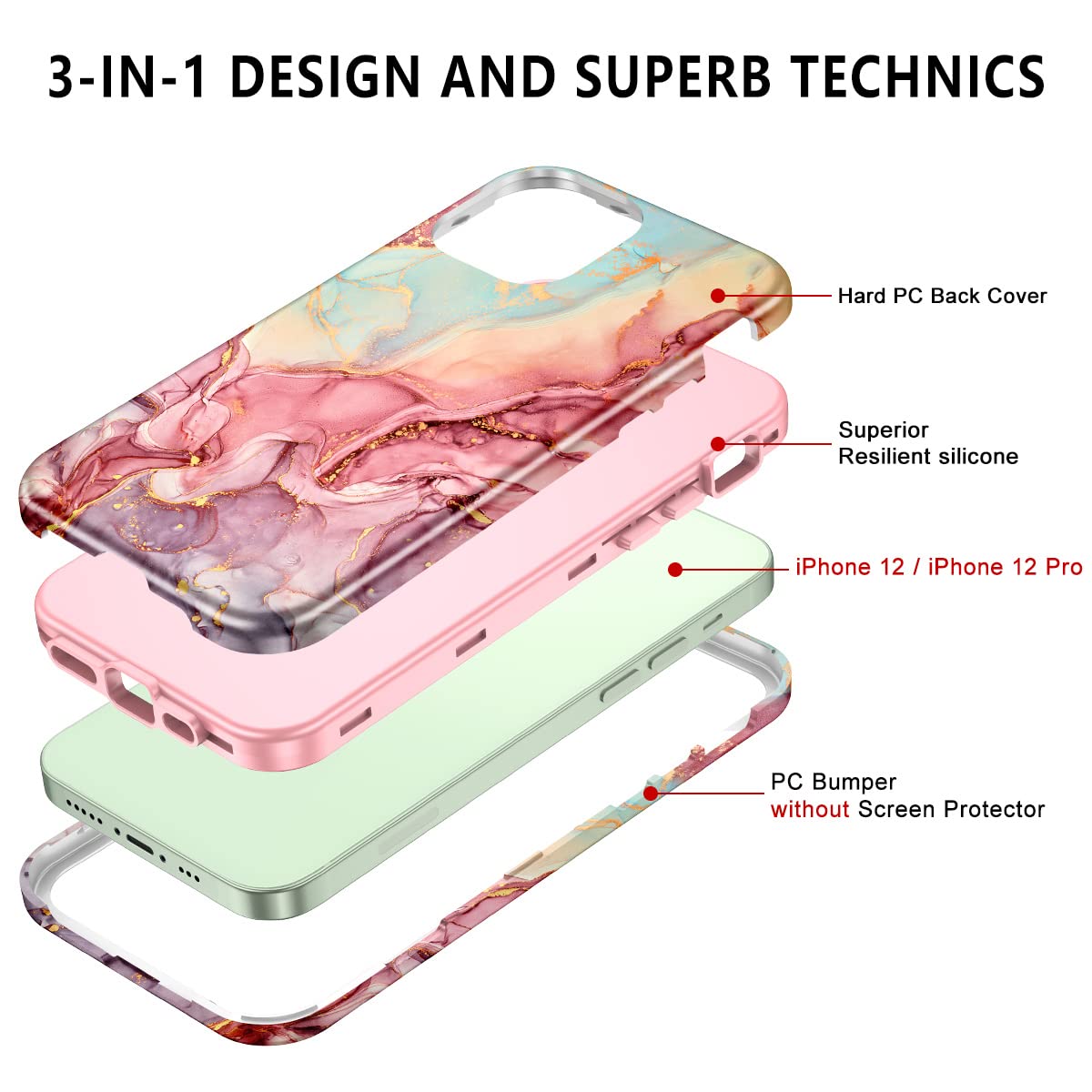 Btscase For Iphone 12 Case/Iphone 12 Pro Case, Heavy Duty Three Layer Marble Shockproof Full Body Rugged Hard Pc+Soft Tpu Bumper
