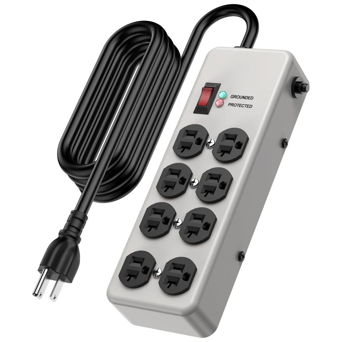Hezi 20A Power Strip Surge Protector, Durable Metal 8 Outlet With Heavy Duty 20 Amp Extension Cord, 12 Gauge, 10Ft For Garage, W