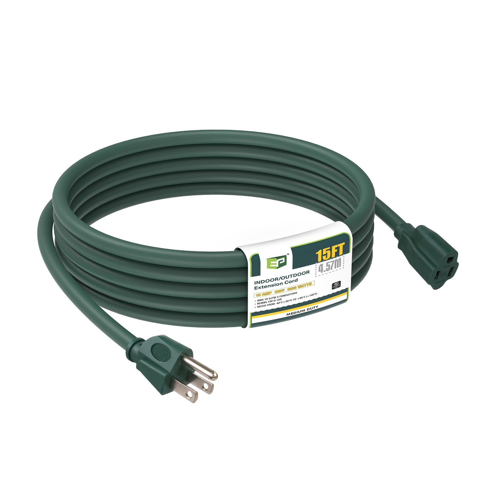 Ep 15Ft Green Outdoor Extension Cord, 16/3 Sjtw Heavy Duty Waterproof, 3 Prong Grounded Plug, 13A 1625W 16Awg, Cold Resistant Fl