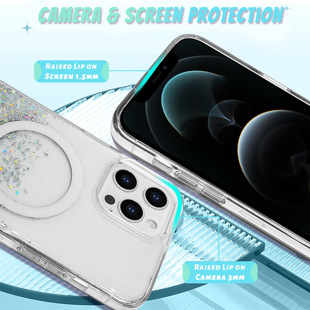 Bonoma For Iphone 12 Pro Max Case, Sparkly Glitter Bling Back, Magnetic Support For Magsafe Shockproof Case, Crystal And Clear H
