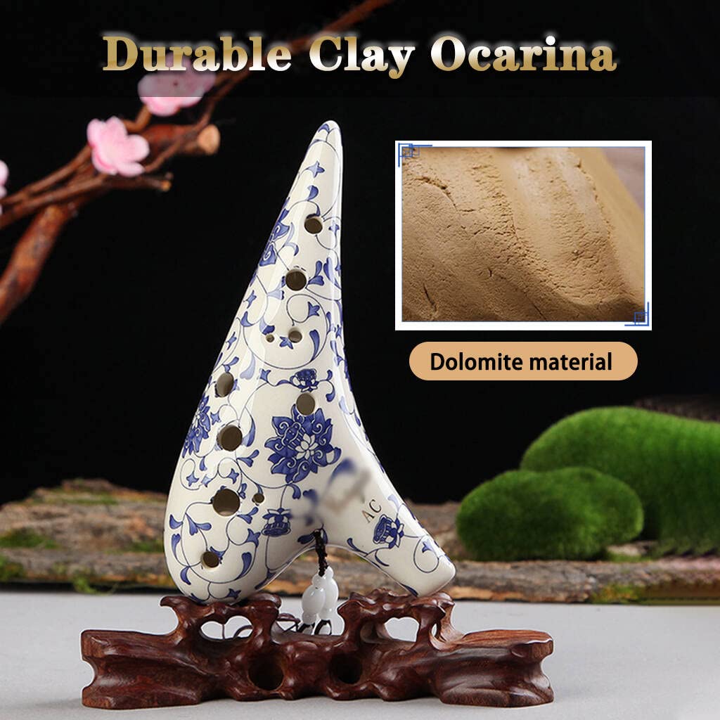 12 Hole Alto C Ocarina With Protective Bag, Hand Painted Blue And White Porcelain Musical Instrument, Porcelain Clay Collectible