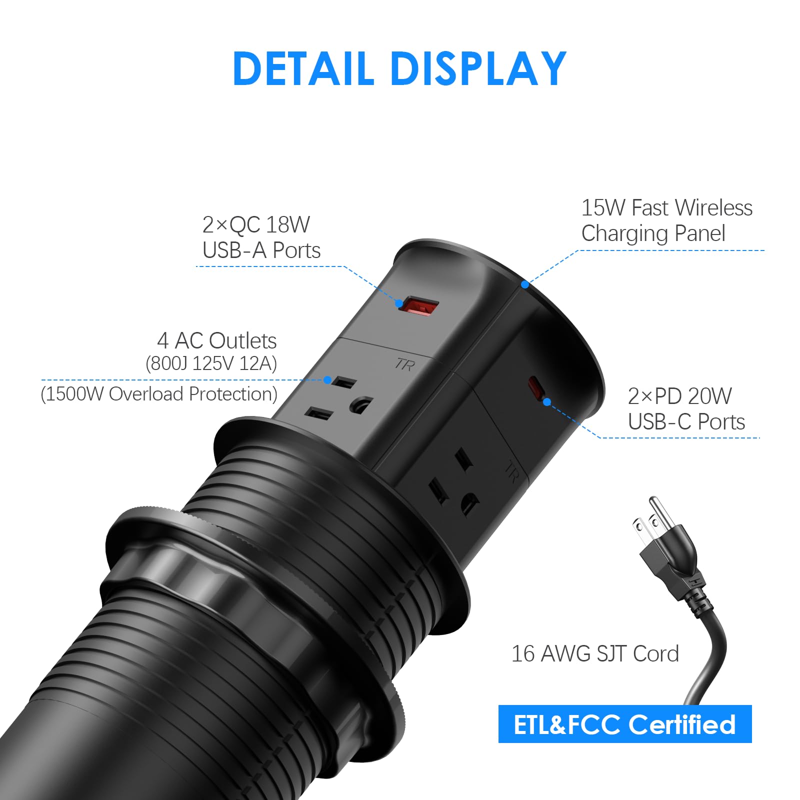 Annquan 3.15'' Pop Up Outlet With 15W Wireless Charger,Max 20W Power Delivery,800J Surge Protection,4 Tamper Resistant Outlets,4