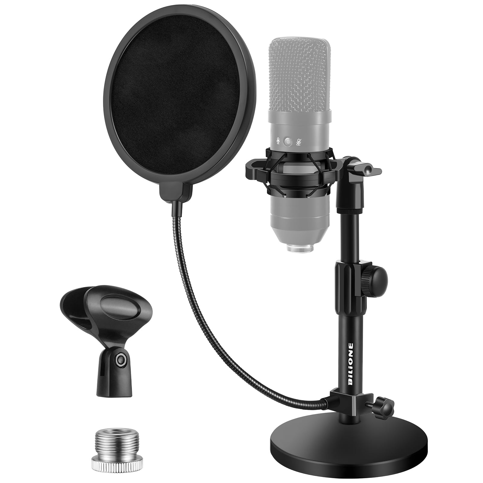 BILIONE Multifunctional Desktop Microphone Stand, Adjustable Mic Stand Desk with Pop Filter, Shock Mount, Microphone Clip, 5/8 t