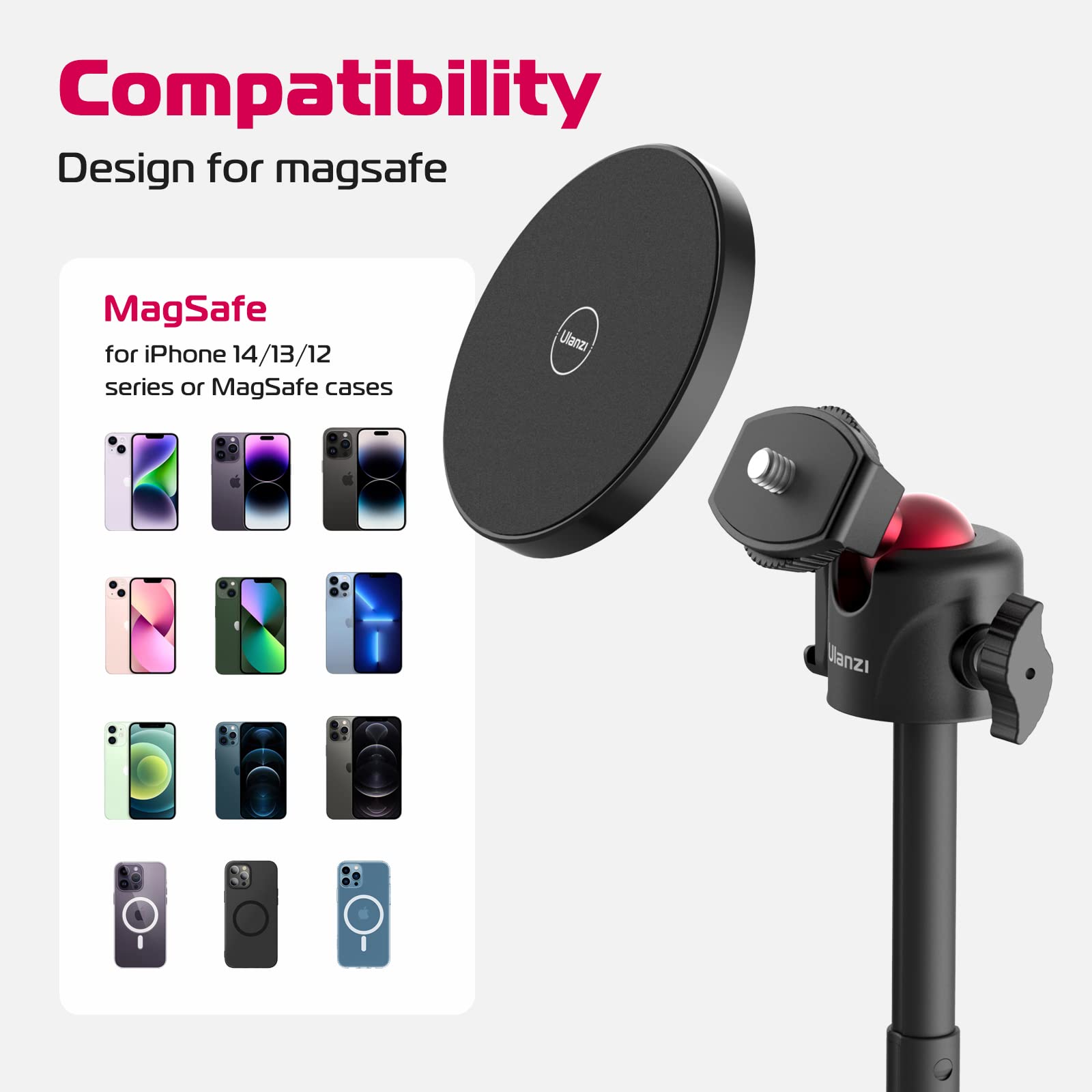 Ulanzi Magnetic Cell Phone Tripod Compatible With Magsafe, 17.3 Extendable Mini Tabletop Tripod Selfie Stick With Cold Shoe, 360
