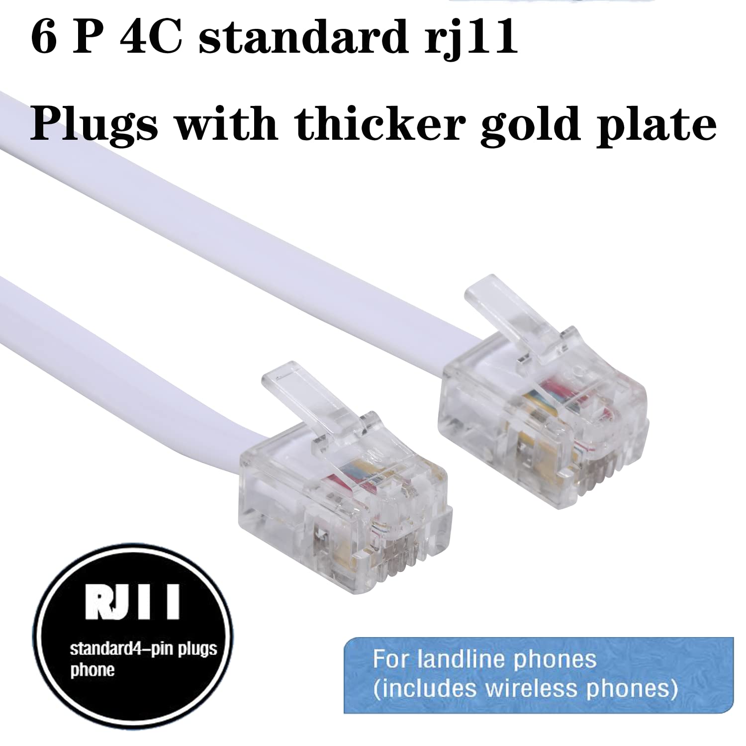 Telephone Landline Extension Cord Cable Cord With Standard Rj 11 6P4C Plug (10Ft 3Pack, White)