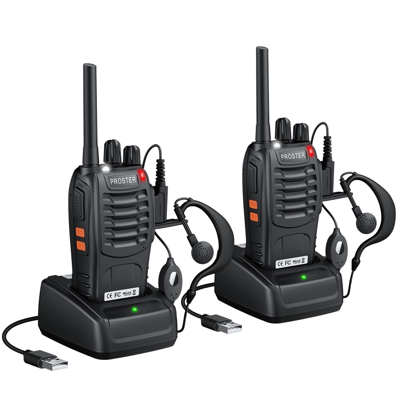 Proster Rechargeable Walkie Talkies 1 Pair   Long Range Two Way Radios 16 Channel Handheld Walky Talky, With Usb Charger 2 Pack Earpiece Mic For Walkie Talkies