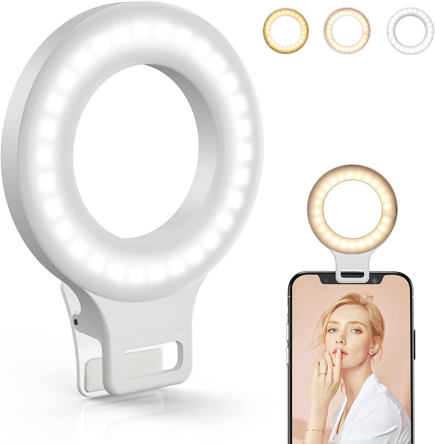 Clip On Ring Light, Kimwood Rechargeable 60 Led Selfie Ring Light For Phone, Laptop, Tablet (3 Models, 5 Level Brightness)