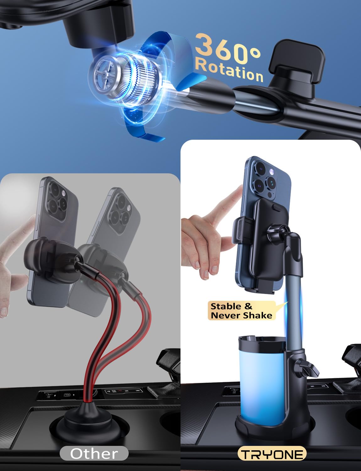 Cup Phone Holder Mount For Car: Upgrade Aluminum Adjustable Rod Cell Phone Cup Holder Stand For Auto | Truck Suv Compatible With