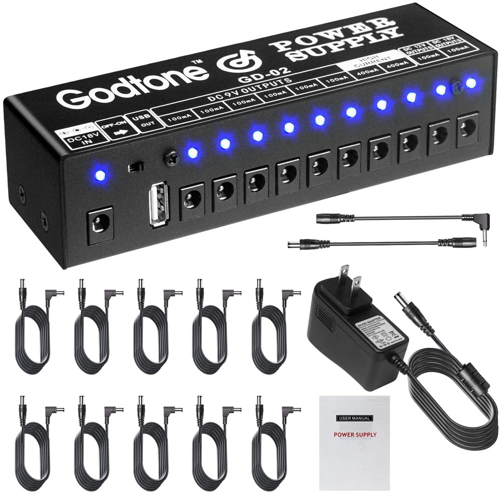 Guitar Pedal 10 Dc Outputs For 9V 12V 18V Effect Pedal Power Supply With Usb(5V2A) Port Gd02