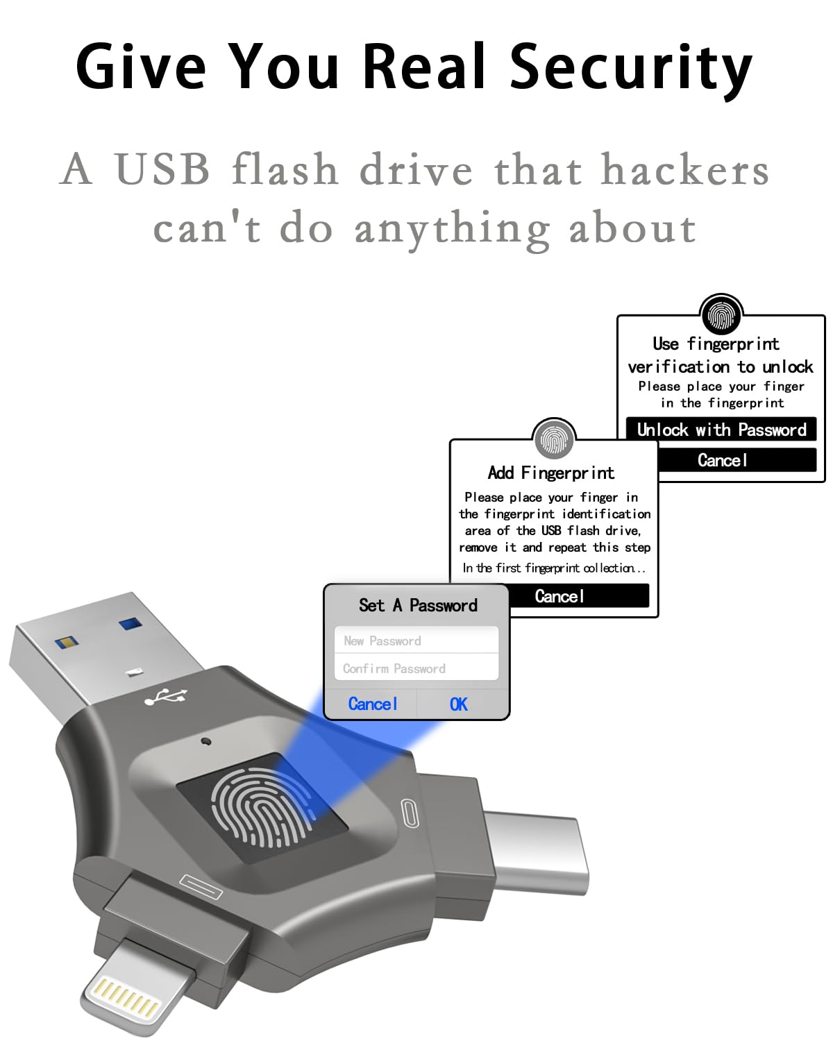 64Gb, Fingerprint Unlocked Usb Flash Drive, Secure Password Protected Usb Disk,Suitable For Iphone 3 In 1 Encrypted Drive,Encryp