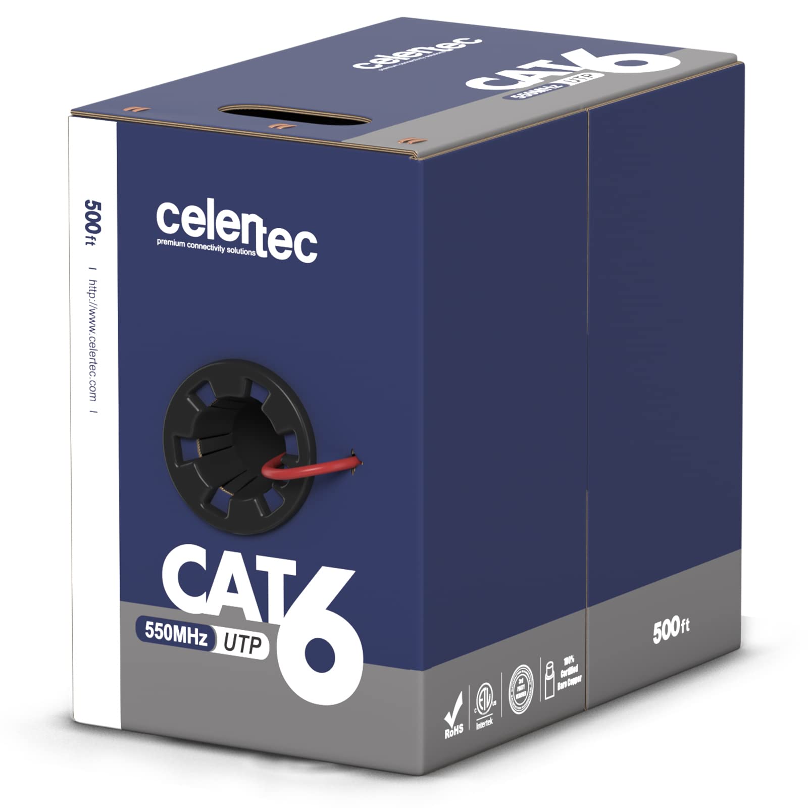 Celertec Cat6 Ethernet Cable, 500Ft, 23Awg Solid Bare Copper, Unshielded Twisted Pairs(Utp), 550Mhz, Etl Listed &Cmr Riser Rated, Indoor, Bulk Ethernet Cable  Red