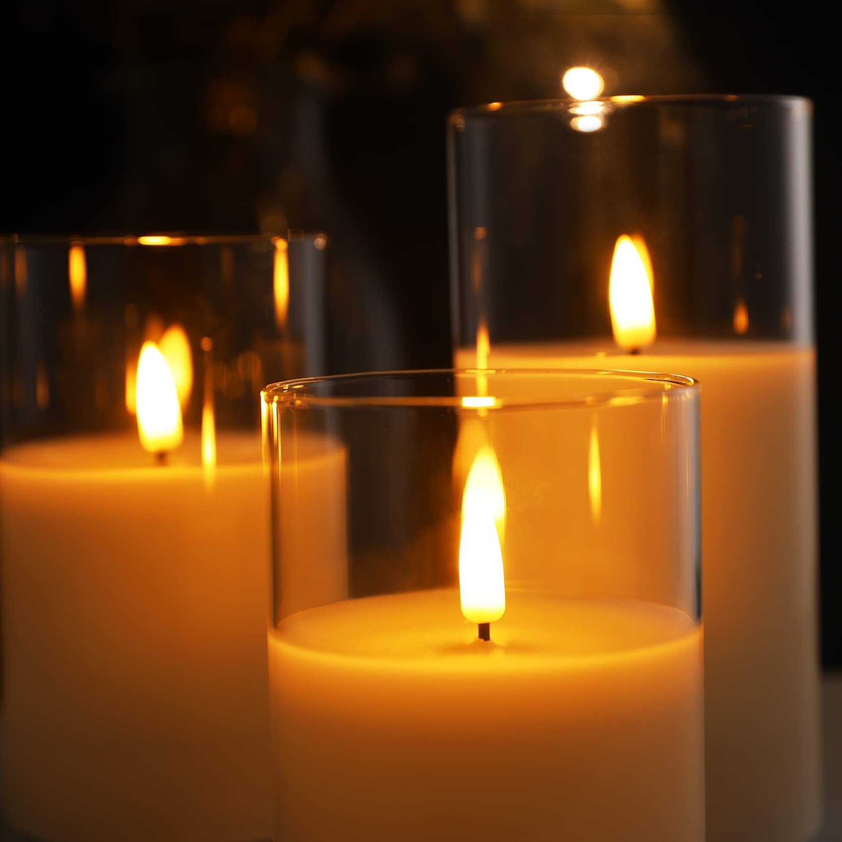 Eywamage Clear Glass Flameless Pillar Candles With Remote, Flickering Battery Led Wax Candles F 3'' H 4'' 5'' 6''