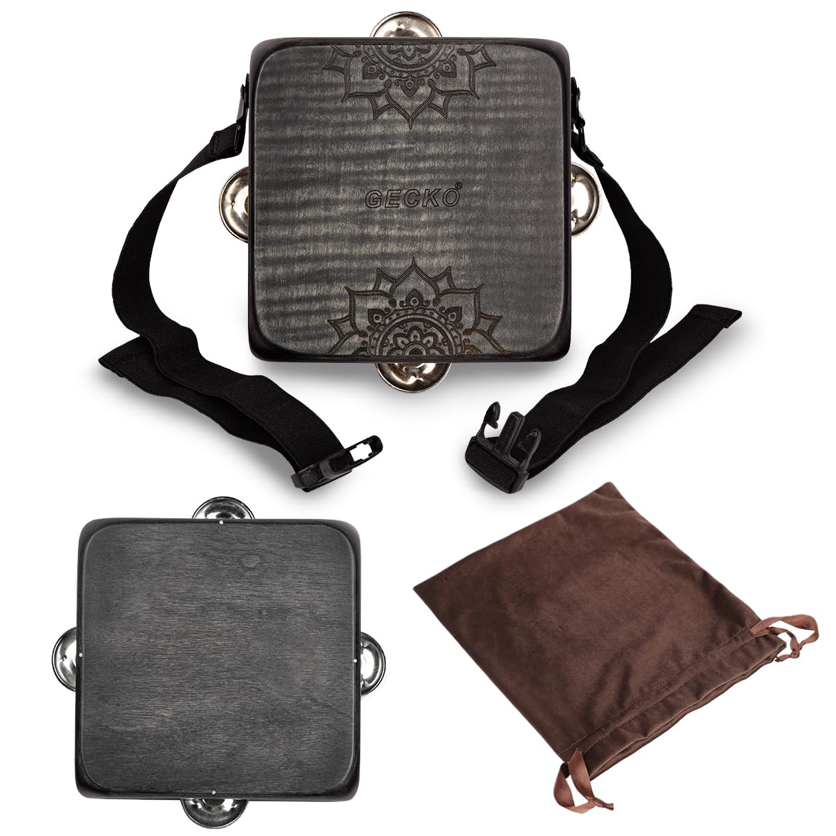 Tambourine Cajon Drum with Jingles, Wearable Strap, Storage Bag, Handheld Percussion Instrument, Portable Cajon for Rhythm Pract