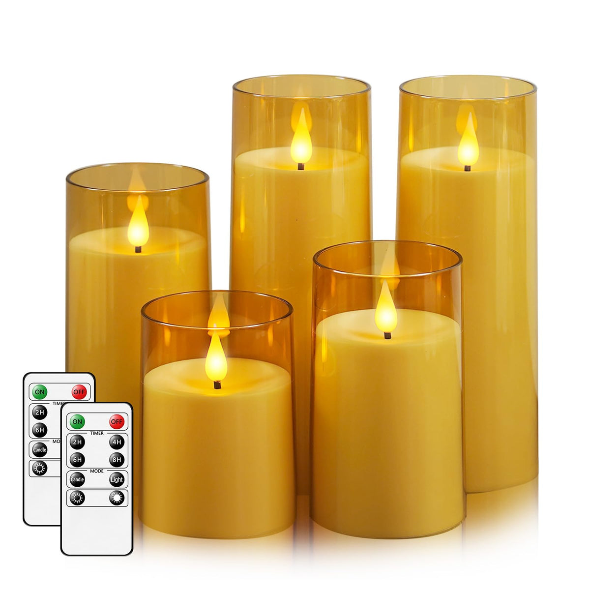 Fo32Won Amber Led Flameless Pillar Candles Battery Operated With Remote And Timer, Set Of 5 (D 3''?H 4'' 5'' 6'' 8'' 8'') Plexig