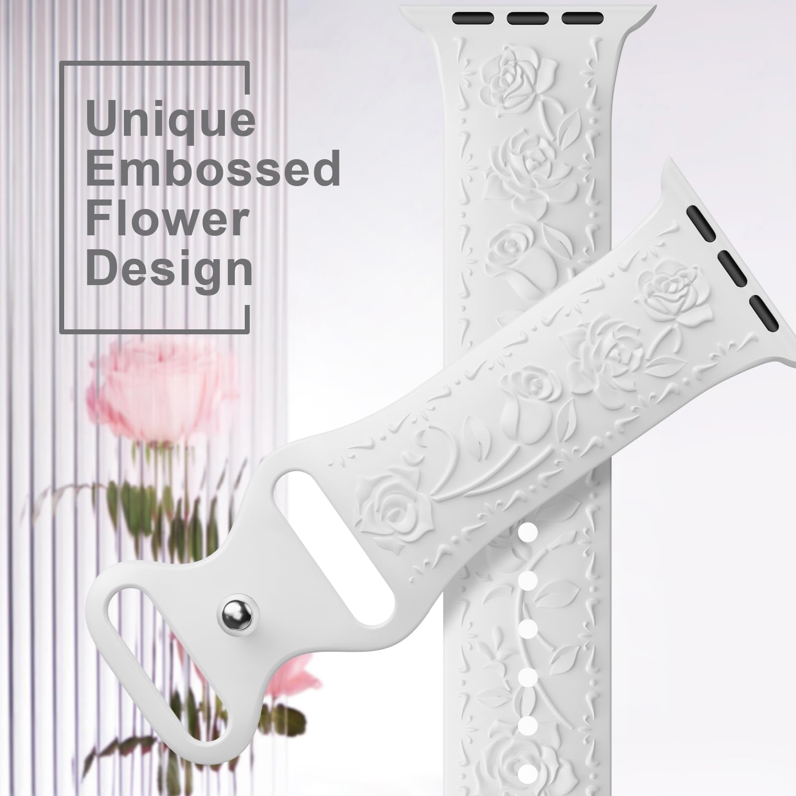 Floral Engraved Band Compatible With Apple Watch Band 40Mm 41Mm 38Mm 42Mm 44Mm 45Mm 46Mm 49Mm Women, Soft Silicone Embossed Flow