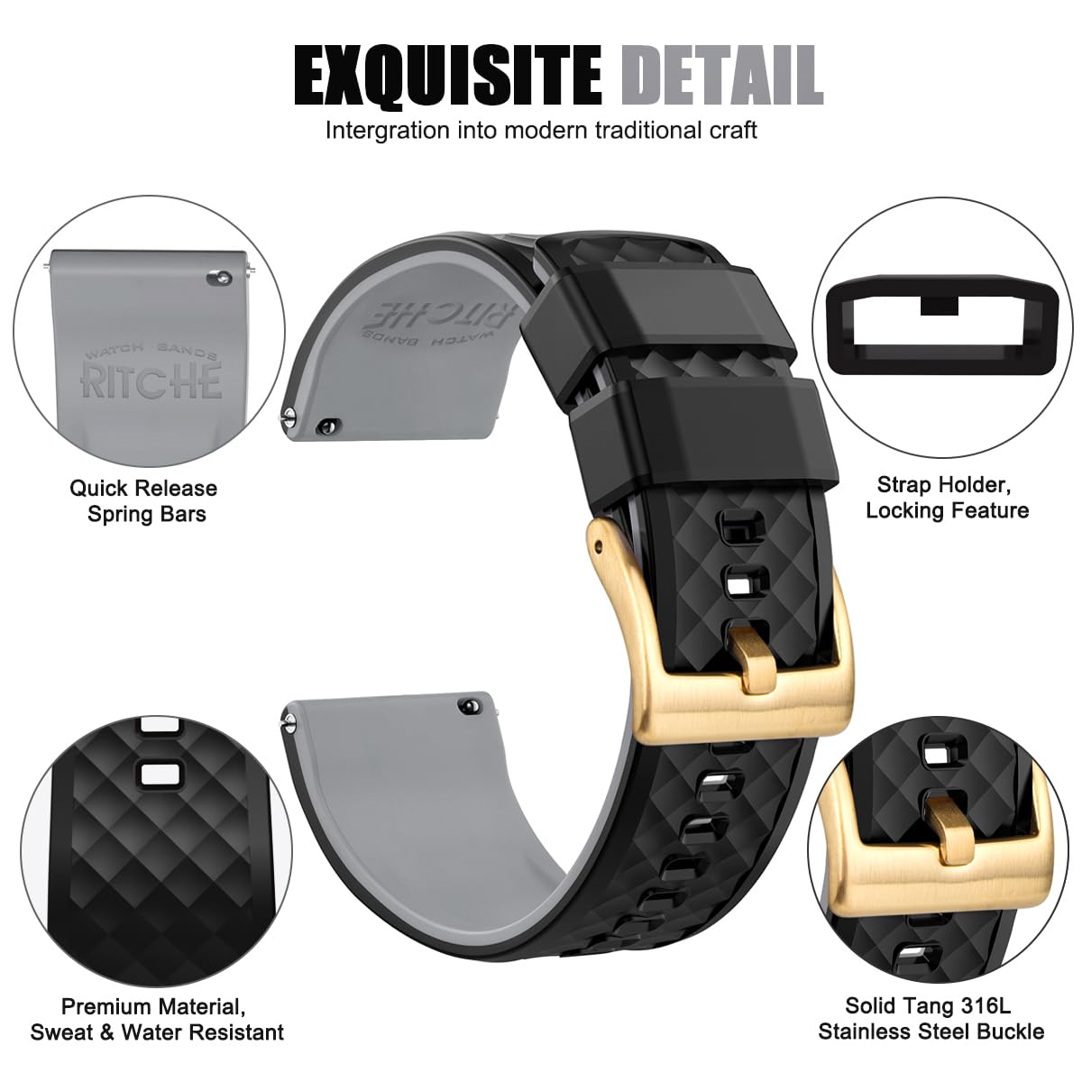 Ritche Christmas Gift 24Mm Silicone Watch Band Quick Release Rubber Watch Bands For Men Women, Valentine 'S Day Gifts For Him Or