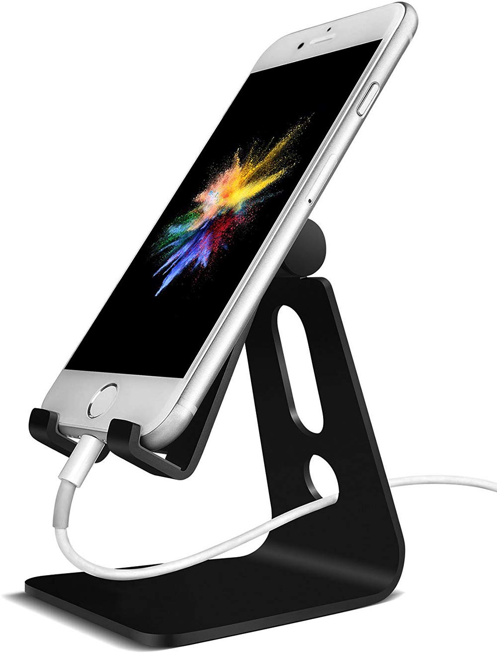 Emoly Adjustable Cell Phone Stand, 2020 Aluminum Desktop Cellphone Stand With Anti Slip Base And Convenient Charging Port, Fits All Smart Phones (Black)