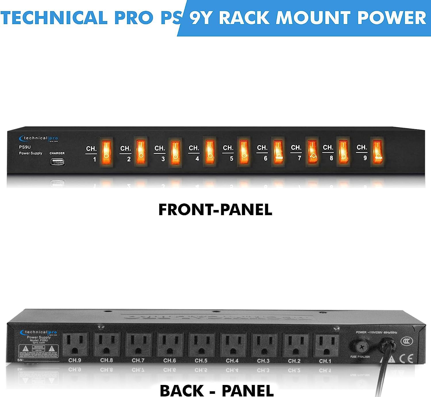 Technical Pro Electric Power Supply With 9 Power Switches, 1800 Watts Max Load, 5V Usb Charging Port, 9 Outlet High Load Power Cord (4 Foot)