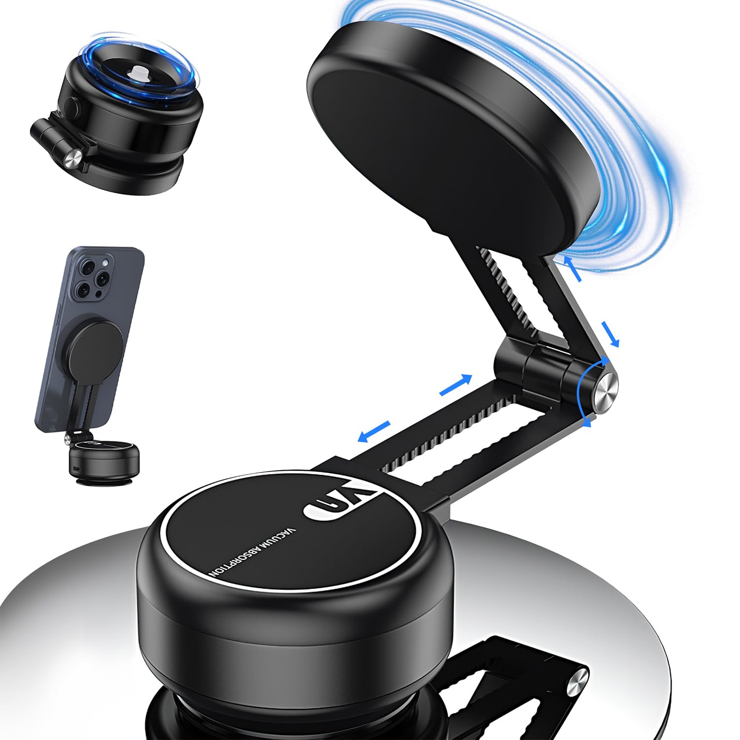 Electric Vacuum Car Phone Mount - Foldable, Double-Sided Magnetic Holder For All Phones (Black)