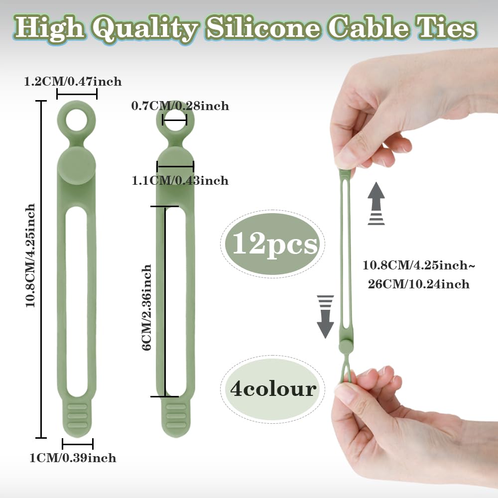 12Pcs Grey Silicone Cable Ties, Grey Cord Strap, Silicone Cable Straps, Rubber Cable Ties, Charger Computer Headphone Mouse Cord