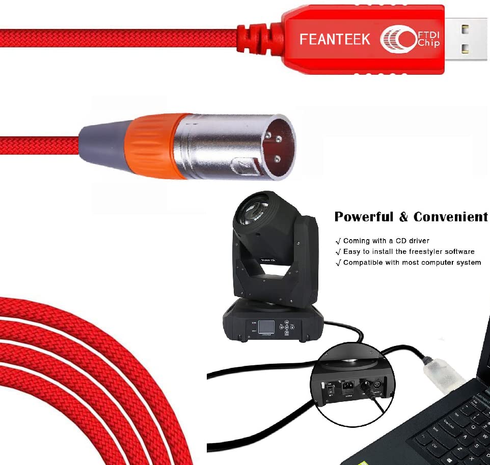 Feanteek Usb To Dmx Adapter Rs485 Converter 3Pin Xlr Male Dmx512 Freestyler Software Pc Control Dimmer Cable With Ftdi Chip Supp