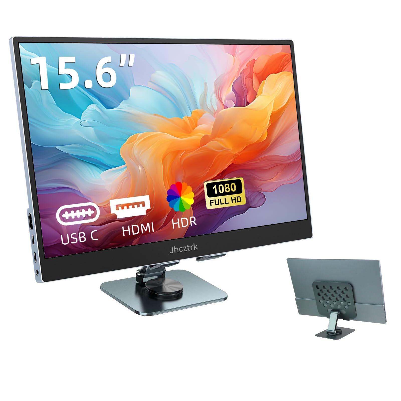 Jhcztrk 15.6 Portable Monitor, FHD 1080P 100% sRGB, Ultra Slim Metal Bezel, USB-C External Monitor with Stand & Carry Bag for La