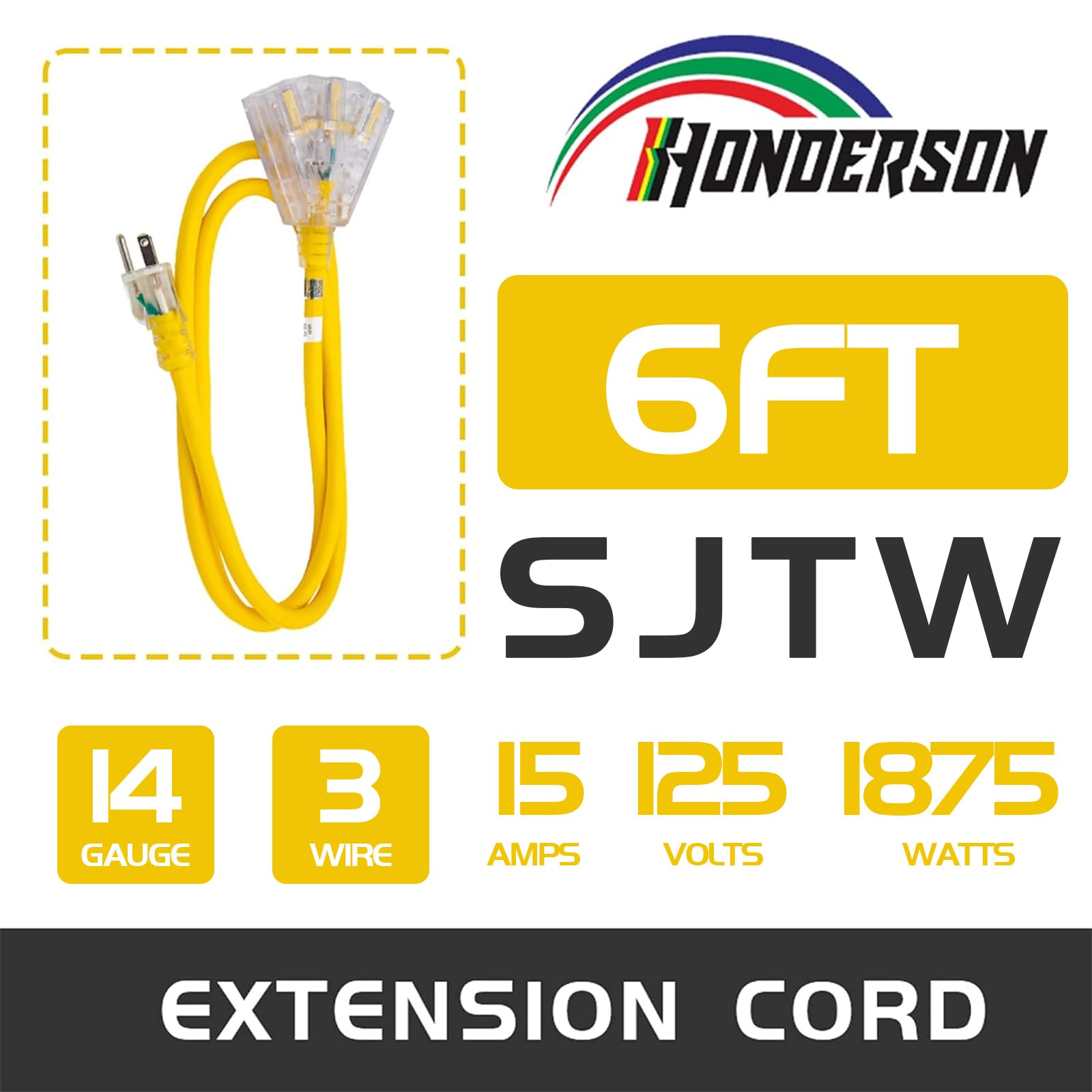 Honderson 3 Outlets Indoor Outdoor Extension Cord Weatherproof With Lighted End, Ul Listed, 14 Gauge 6Ft Yellow 3 Prong Heavy Du