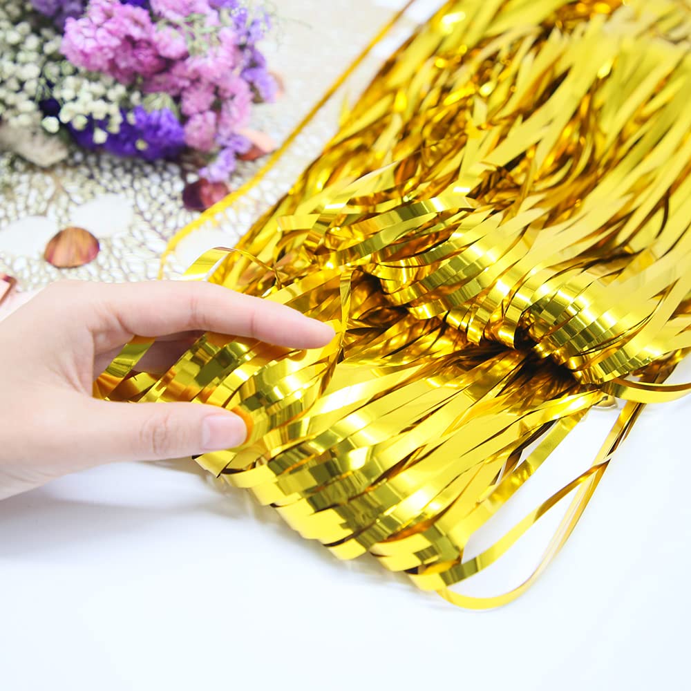 Gold Backdrop Fringe Curtain For Party Decor  6.5X6.5Ft, Pack Of 2 | Gold Foil Curtain Backdrop Tinsel Streamers For Bachelorett