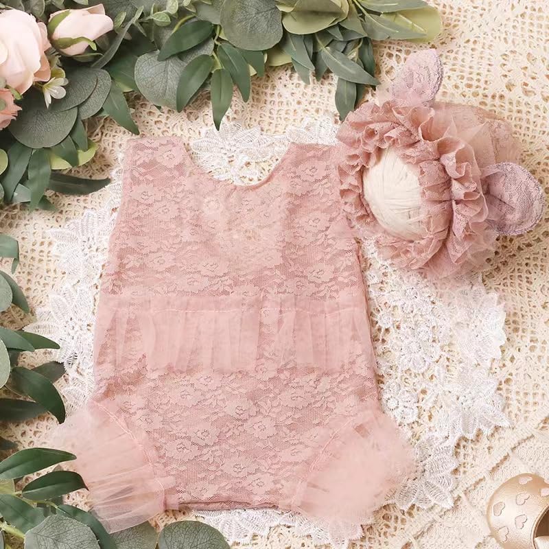 Holibeat Newborn Girl Lace Photography Props Baby Girl Photoshoot Outfits With Bear Hat Infant Girl Pink Lace Romper Costume 0 1