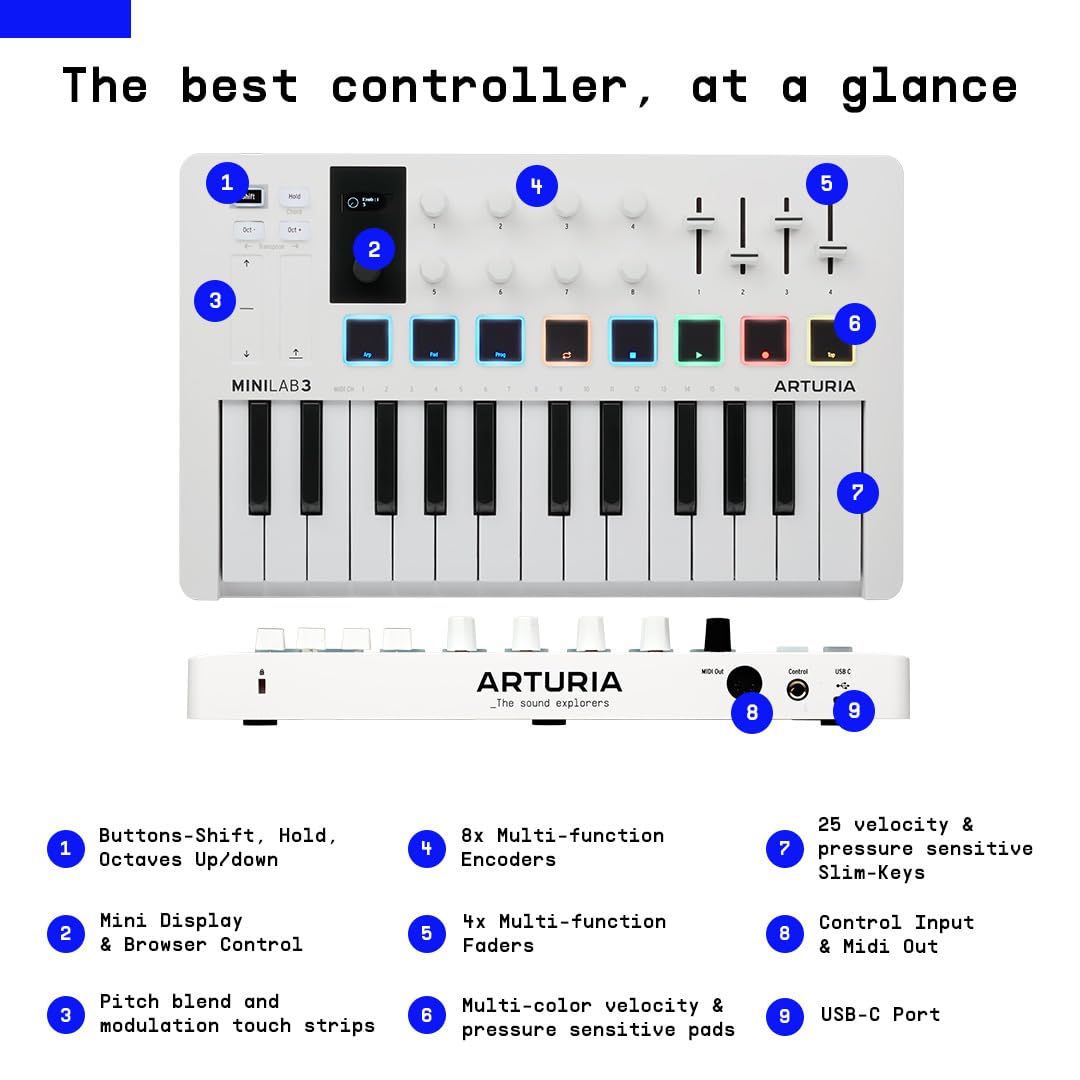 Arturia Minilab 3 Compact Midi Keyboard And Pad Controller (White) Bundle With 6Ft Midi Cable & Cleaning Cloth (3 Items)