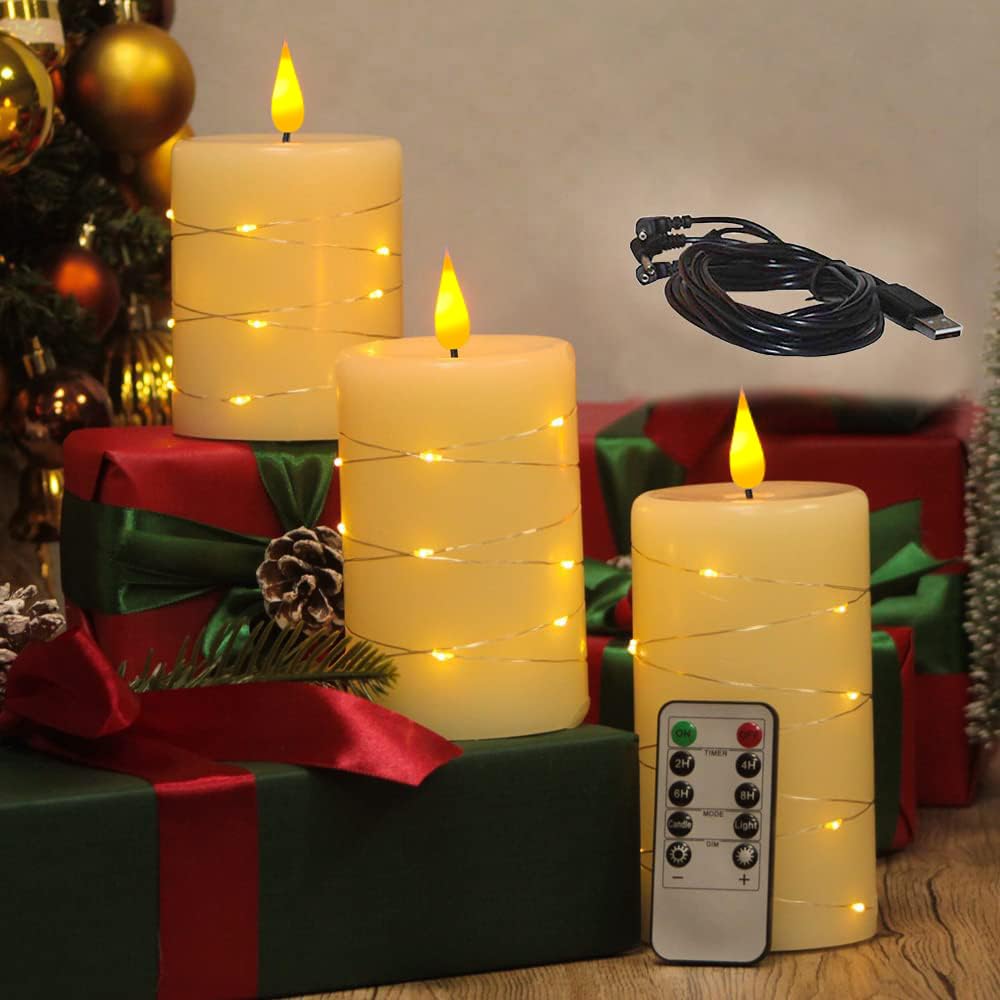 Ledholyt Rechargeable Flameless Candle, Flickering Led Pillar Real Wax Candle With Fairy Lights, Remote Control And Timer, Upgra