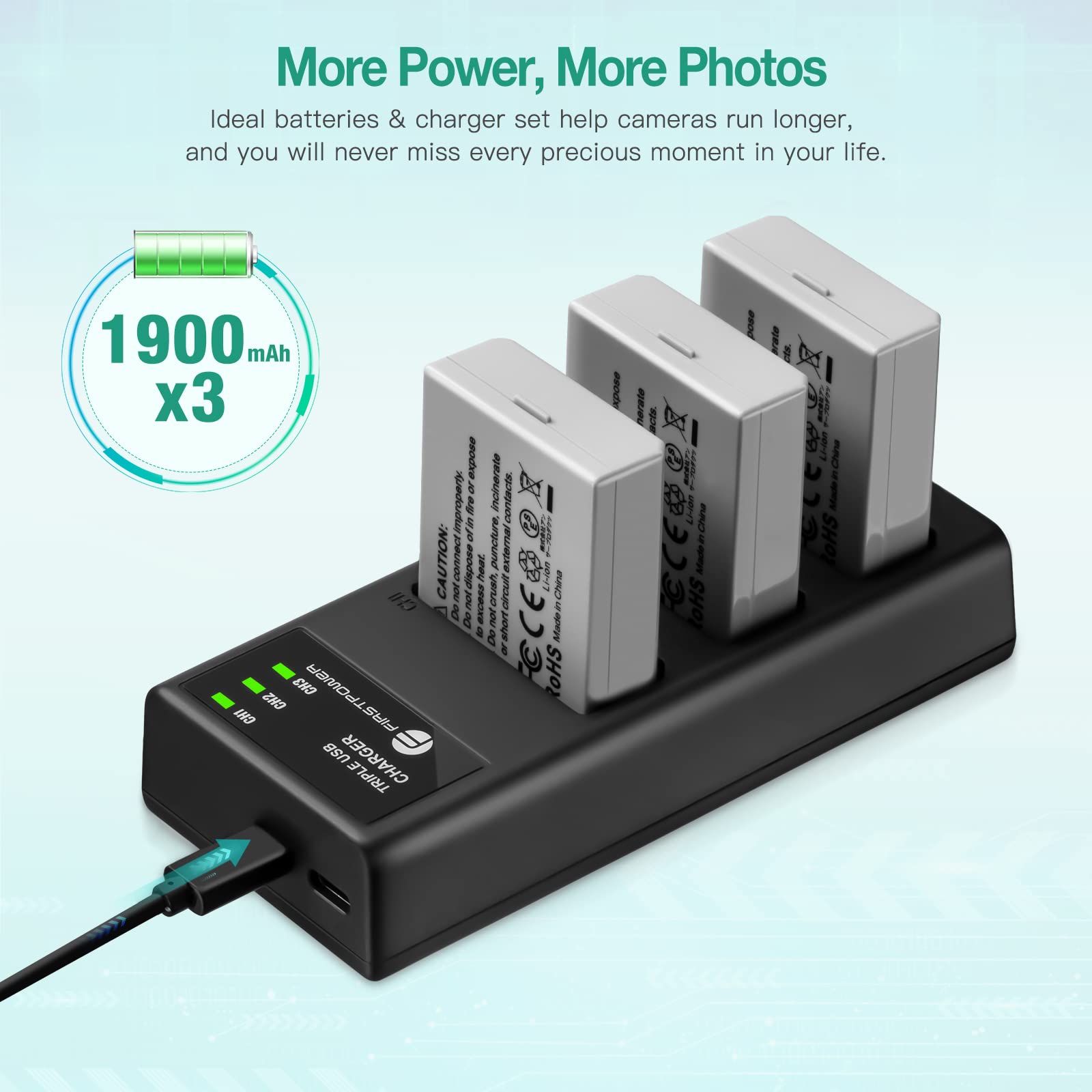 FirstPower LP-E5 Camera Battery 3-Pack Triple Charger Kit for Canon EOS Rebel XS T1i XSi 1000D 500D 450D Black