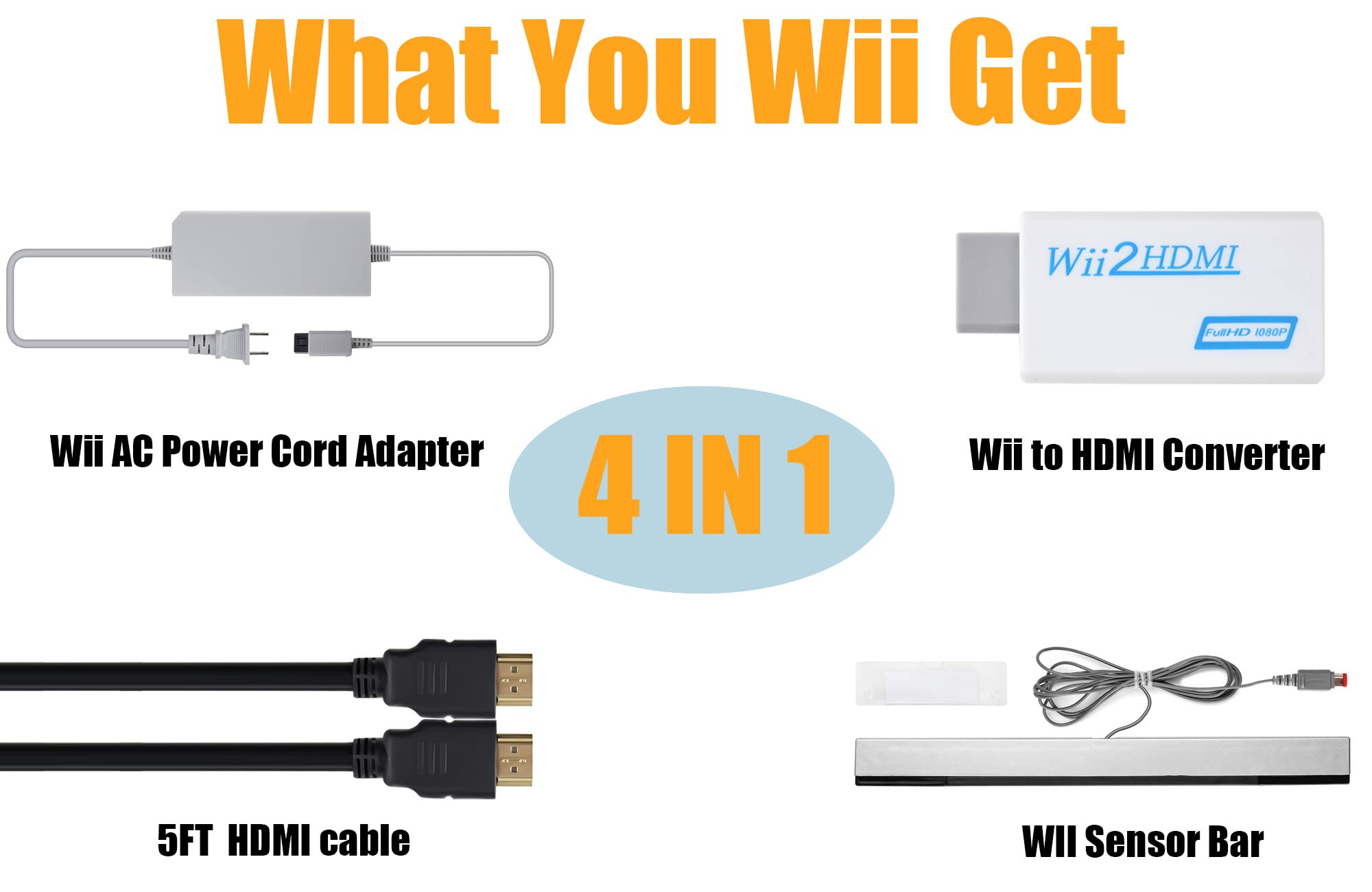 4 In 1 Wii To Hdmi Adapter + Wii Power Cord Ac Adapter + Wii Sensor Bar Wired Motion Sensor Bar + 5Ft High Speed Hdmi Cable Comp