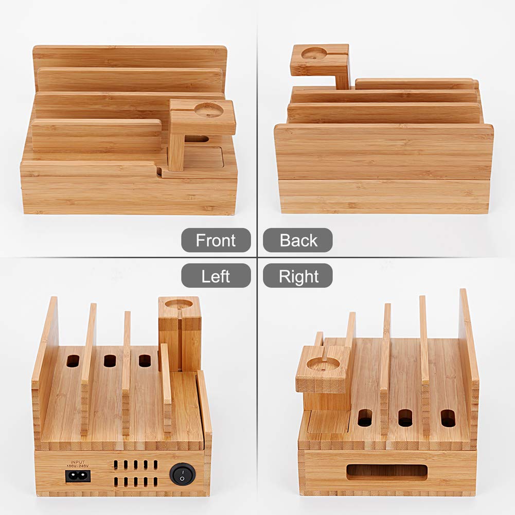 Othoking Charging Station Organizer,Fast Charging Station For Multiple Device 5 Port Usb Bamboo Wood Charging Dock,Universal App