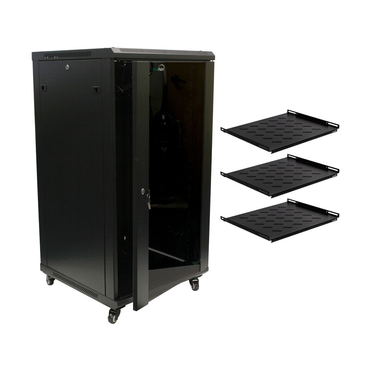 Navepoint 22U Server Rack Enclosure With Shelves, Caster Wheels, 2 Fans, Locking Glass Door, Removable Side Panels   22U Network