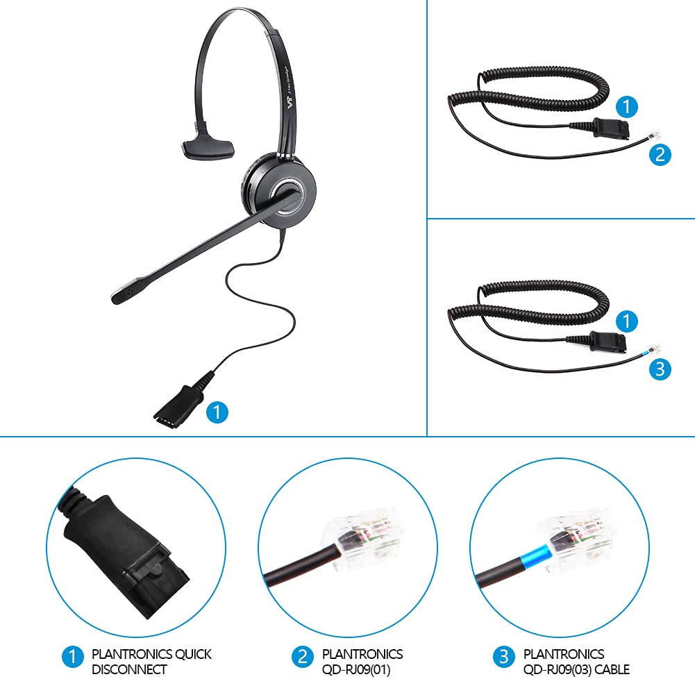 Telephone Headset Microphone Noise Cancelling Headphone Qd   Quick Disconnect Call Center Headset With Rj09 Cables Compatible Wi