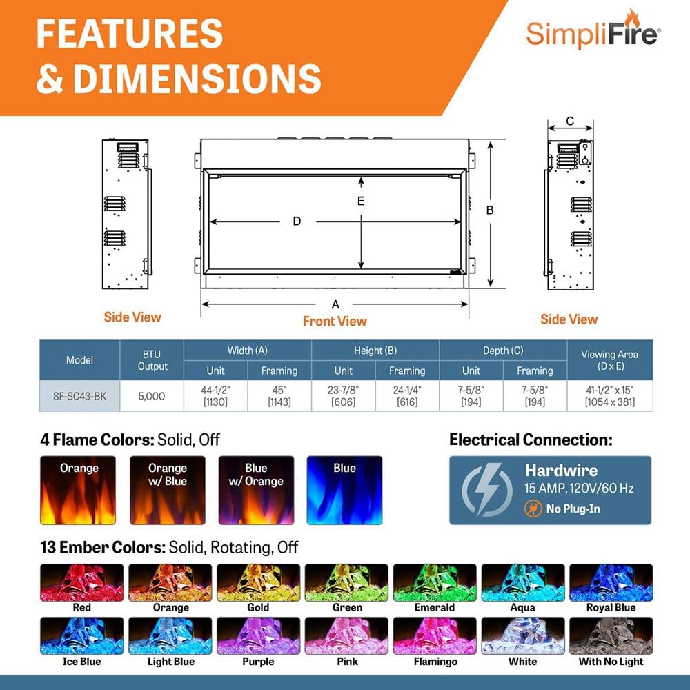 Simplifire 43 Inch Scion Clean Face Indoor/Outdoor Linear Electric Fireplace (Sf Sc43 Bk)