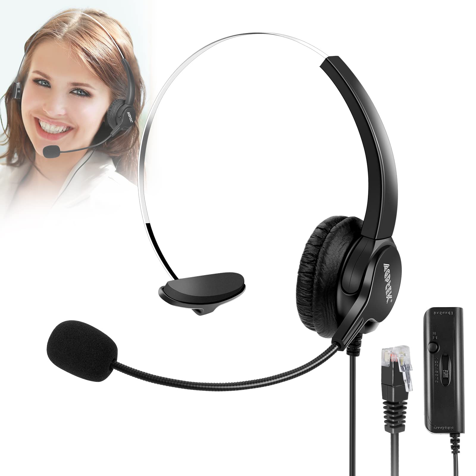 Agptek Hands Free Call Center Noise Cancelling Corded Monaural Headset Headphone For Desk Telephone With 4 Pin Rj9 Crystal Head