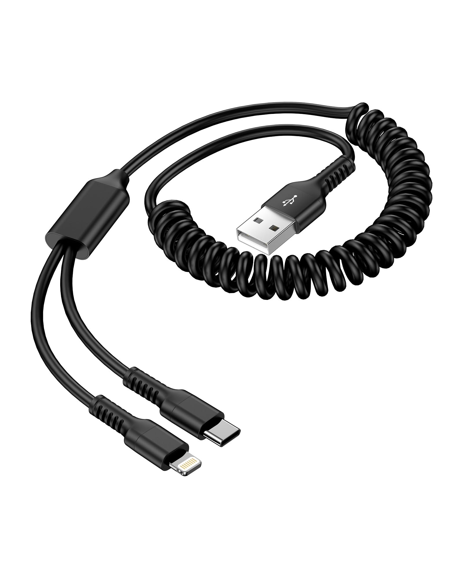 Coiled Lightning Cable For Iphone 15 Pro Max, Curled Multi Charging Cable Wire 2 In 1 Usb To Lightning/Type C Port Fast Charging
