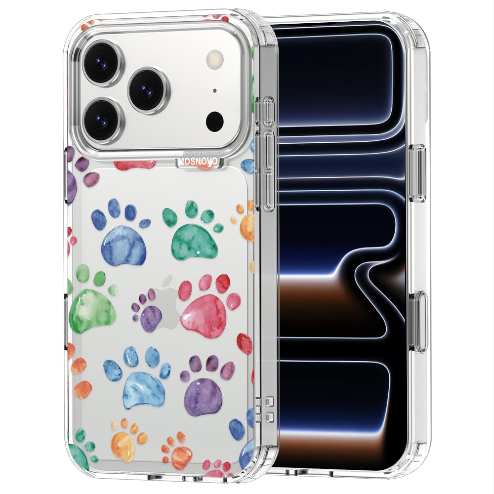 MOSNOVO for iPhone 17 Pro Case | Military Grade 6.6ft Drop Tested | Camera Control | Clear with Colorful Paw Design