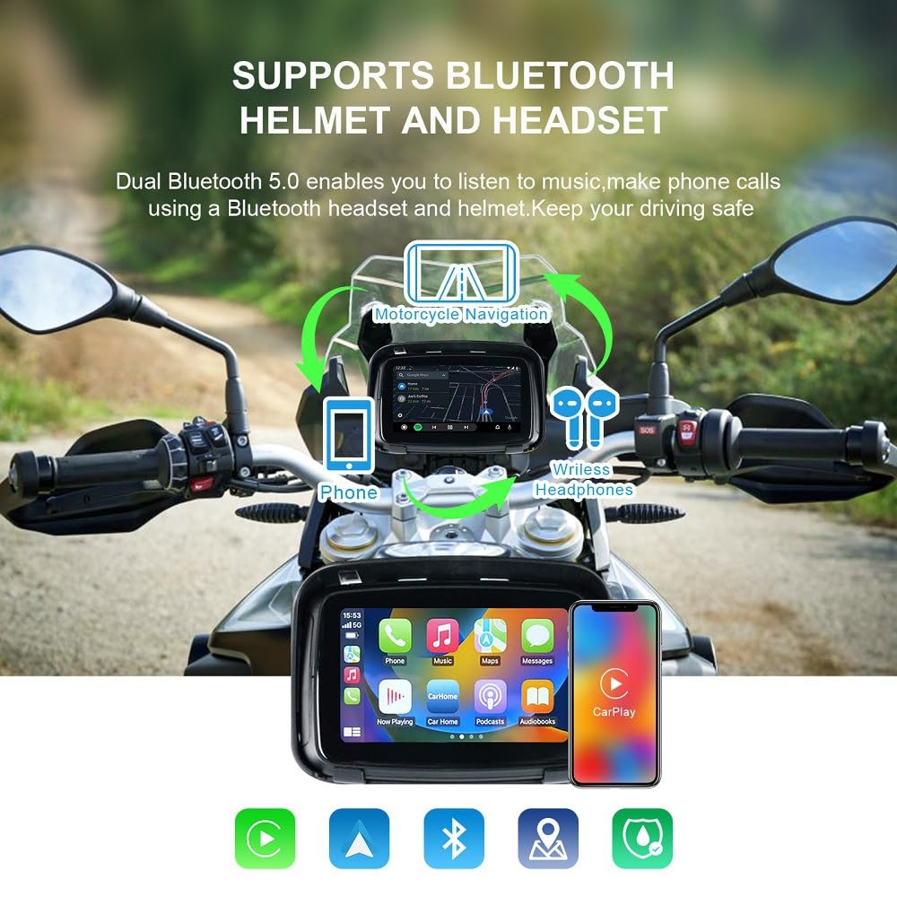 Sunweyer Portable Carplay Wireless Android Auto For Motorcycle,5 Inch Ipx7 Waterproof Touchscreen,Auto Gps Navigation,5G Dual Bl