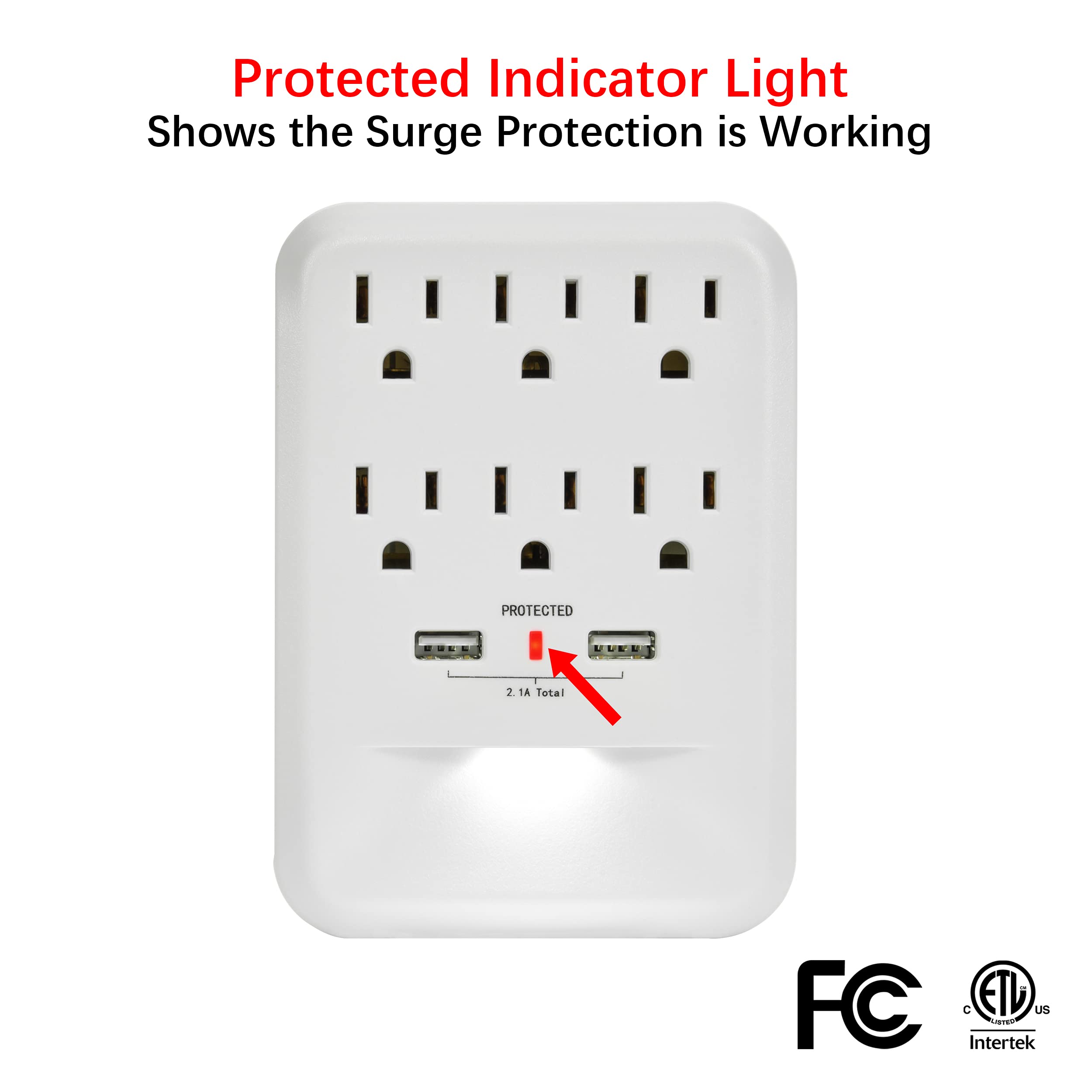 Clear Power 2Pack: 6 Outlet 600 Joule Surge Protector Wall Tap W/2 Port Usb A Charger & Nightlight, Cp30005X2