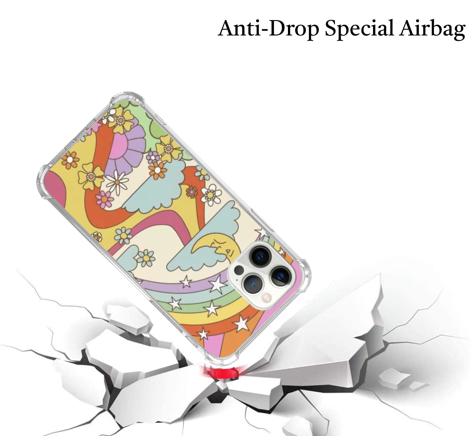 WidofvSpky iPhone 12/12 Pro Phone Case Rainbow Flowers Peace Signs Retro TPU