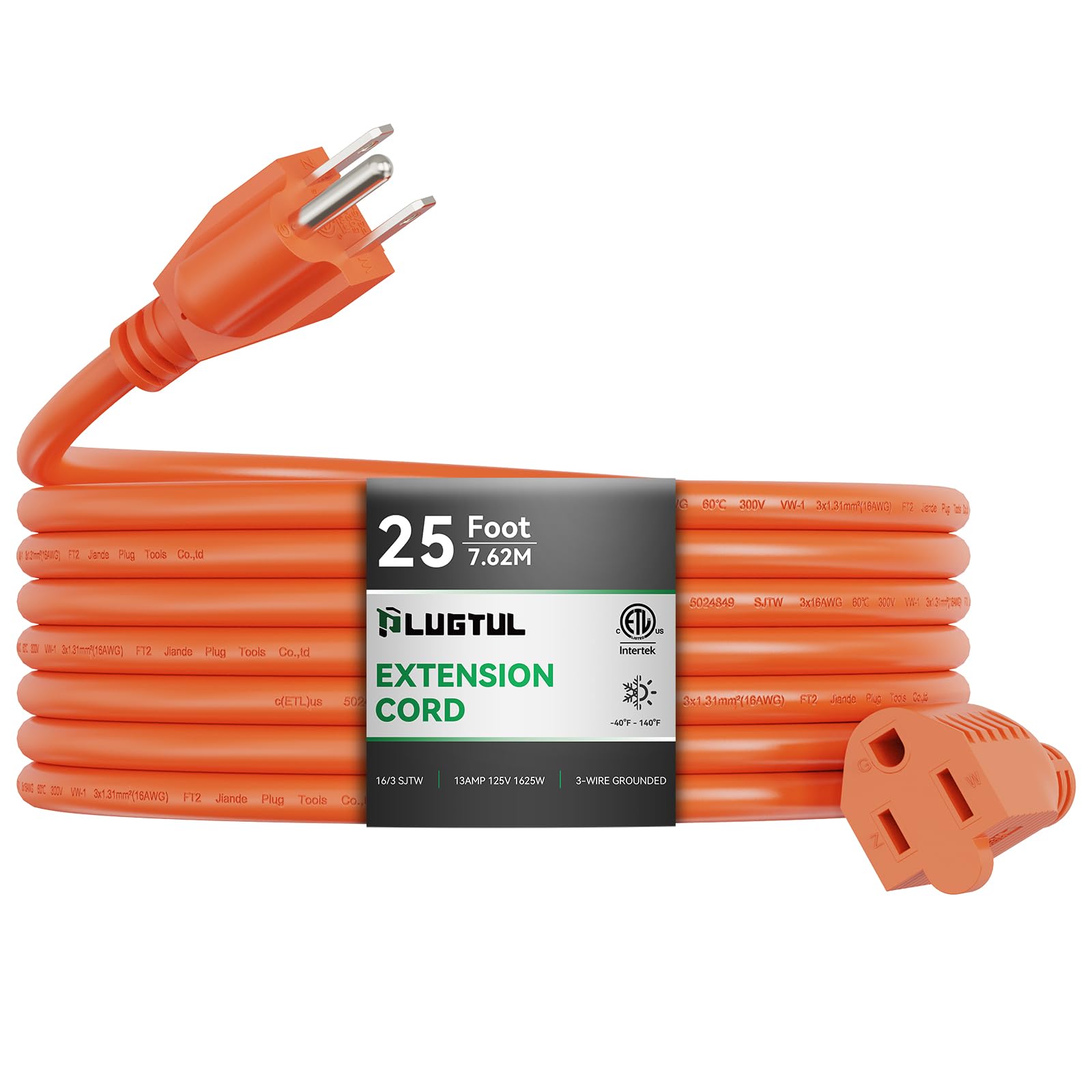 Outdoor Extension Cord 25 Ft Waterproof, 16/3 Gauge Heavy Duty 3 Prong Extension Cord, 13A 1625W Sjtw, Etl Listed, Great For Gar