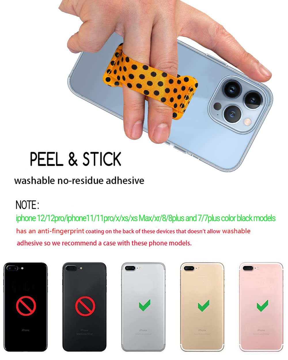 Wuoji Phone Grip Holder For Hand, Universal Finger Strap Phone Holder, Finger Selfie Grip Compatible With Most Smartphones (Blac