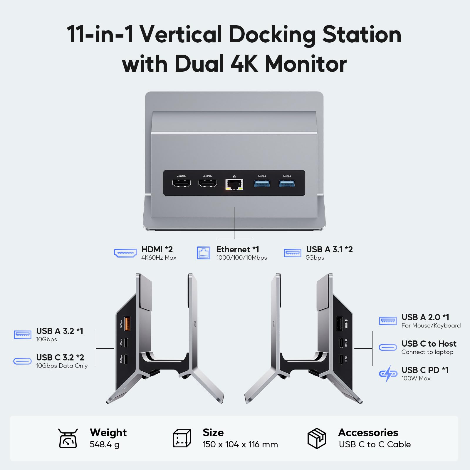 Pulwtop 11 In 1 Usb C Docking Station Dual Monitor, Vertical Laptop Dock Stand With 2 X Hdmi 4K 60Hz, 3 X Usb A/C 10Gbps, 2 X Us